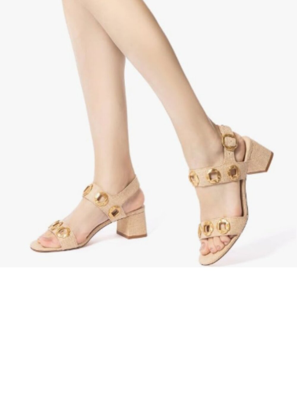 YDN Beige Open Toe Sandals Chunky Dressy Low Heels Backstrap with Buckle Fancy